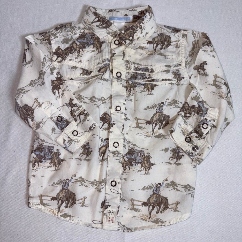 Janie and Jack Western Shirt 2T Cream Cowboy Rodeo Print Excellent Snap Front